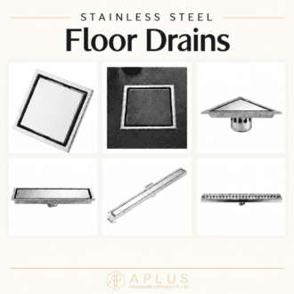 APlus stainless steel floor drains in square, triangular and linear designs, with tile-insert and grated options