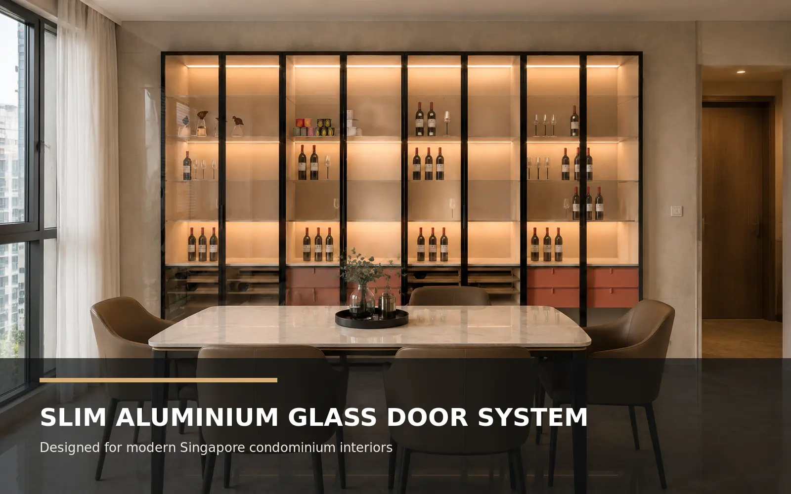Slim aluminium glass door profile sizes in gold and black anodized finishes