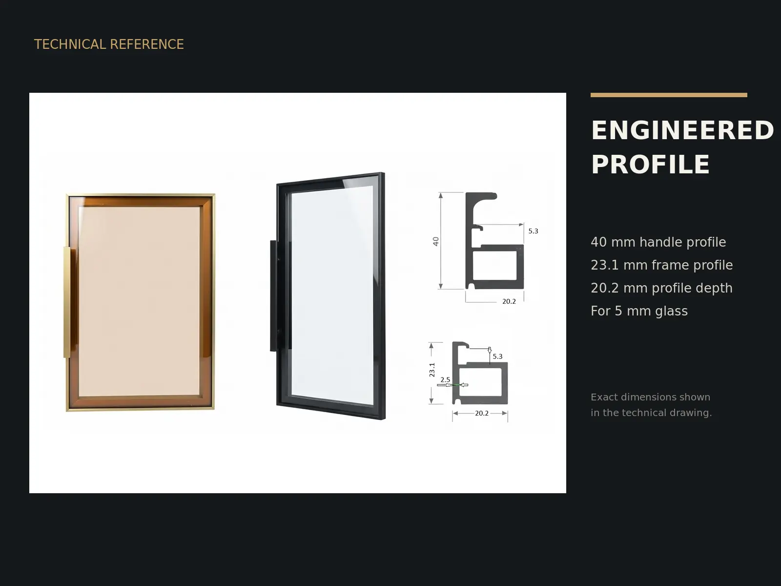 Slim aluminium glass door for kitchen cabinet Singapore with gold and black profile size drawings