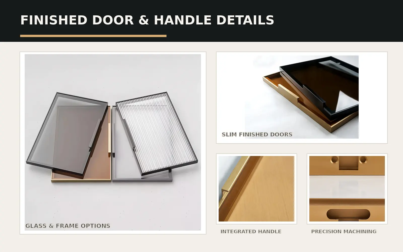 Slim aluminium glass door for kitchen cabinet Singapore with gold and black profile size drawings