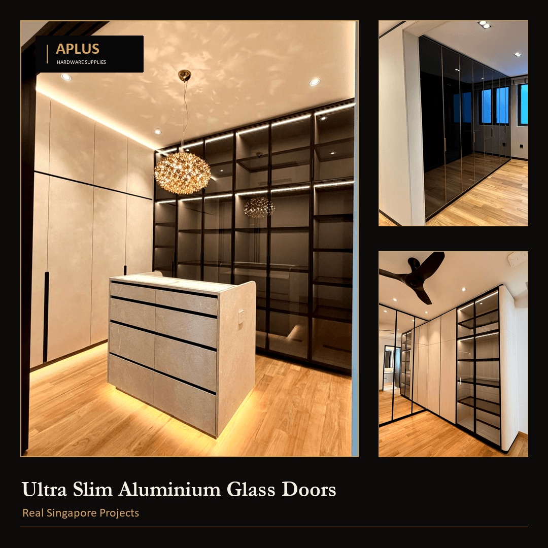 Slim aluminium glass door profile sizes in gold and black anodized finishes