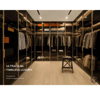 Slim aluminium glass cabinet door with integrated handle in gold finish