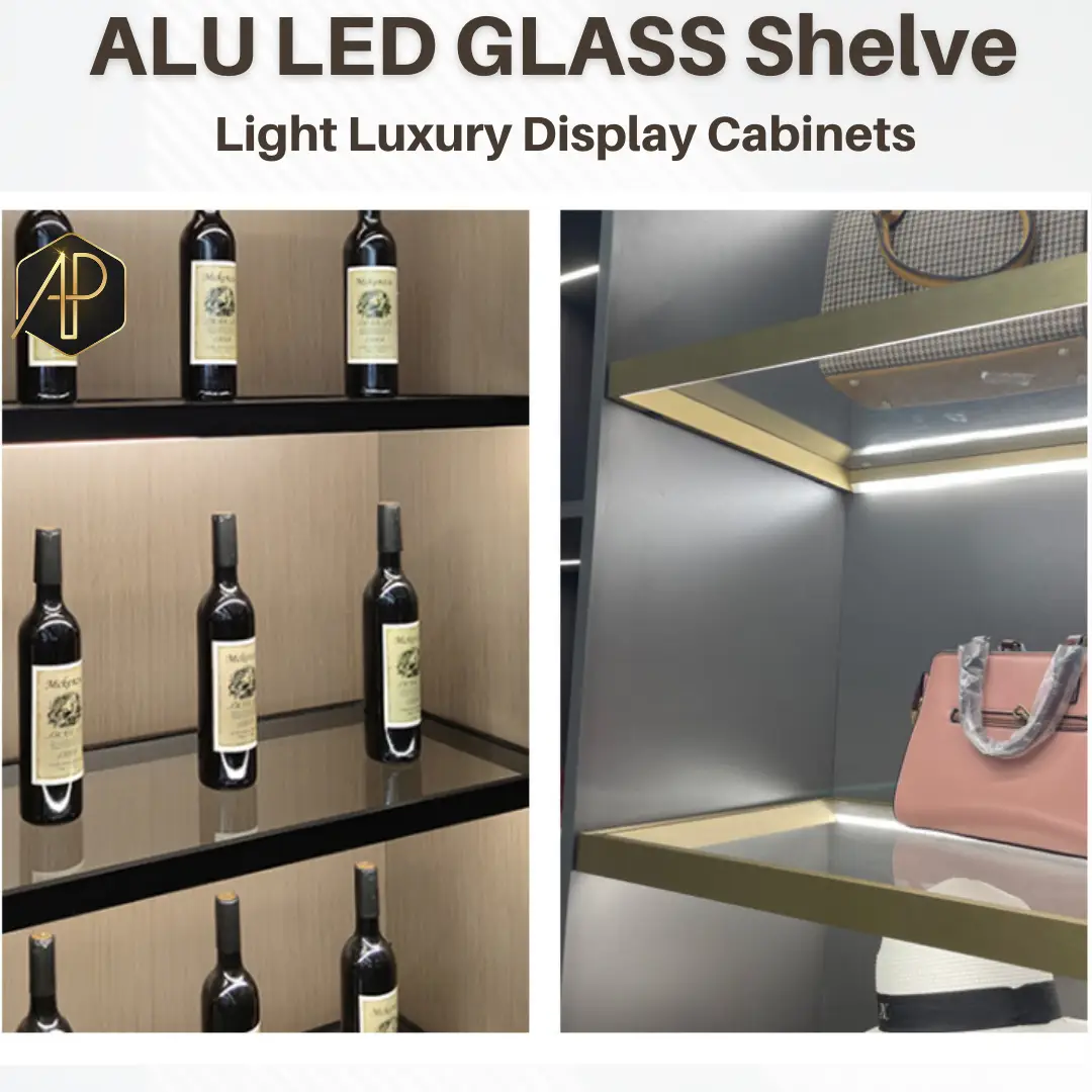 aluminium glass shelves with LED lighting for modern interior