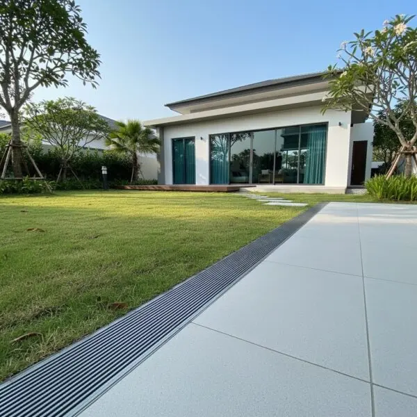 Anti-clog stainless steel wedge wire grating for outdoor balcony and garden trench drains.